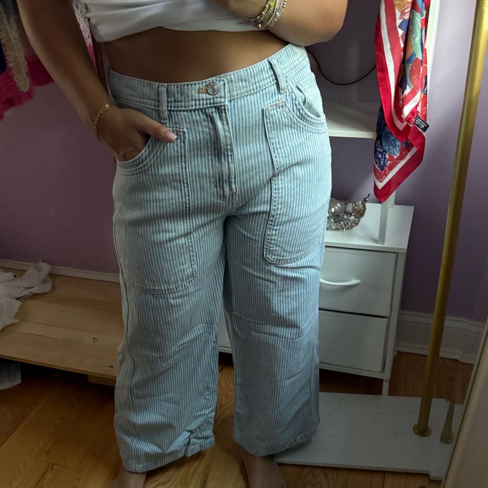 We The Piper Mid Rise Crop Wide Leg Free Light Blue Striped Denim Jeans